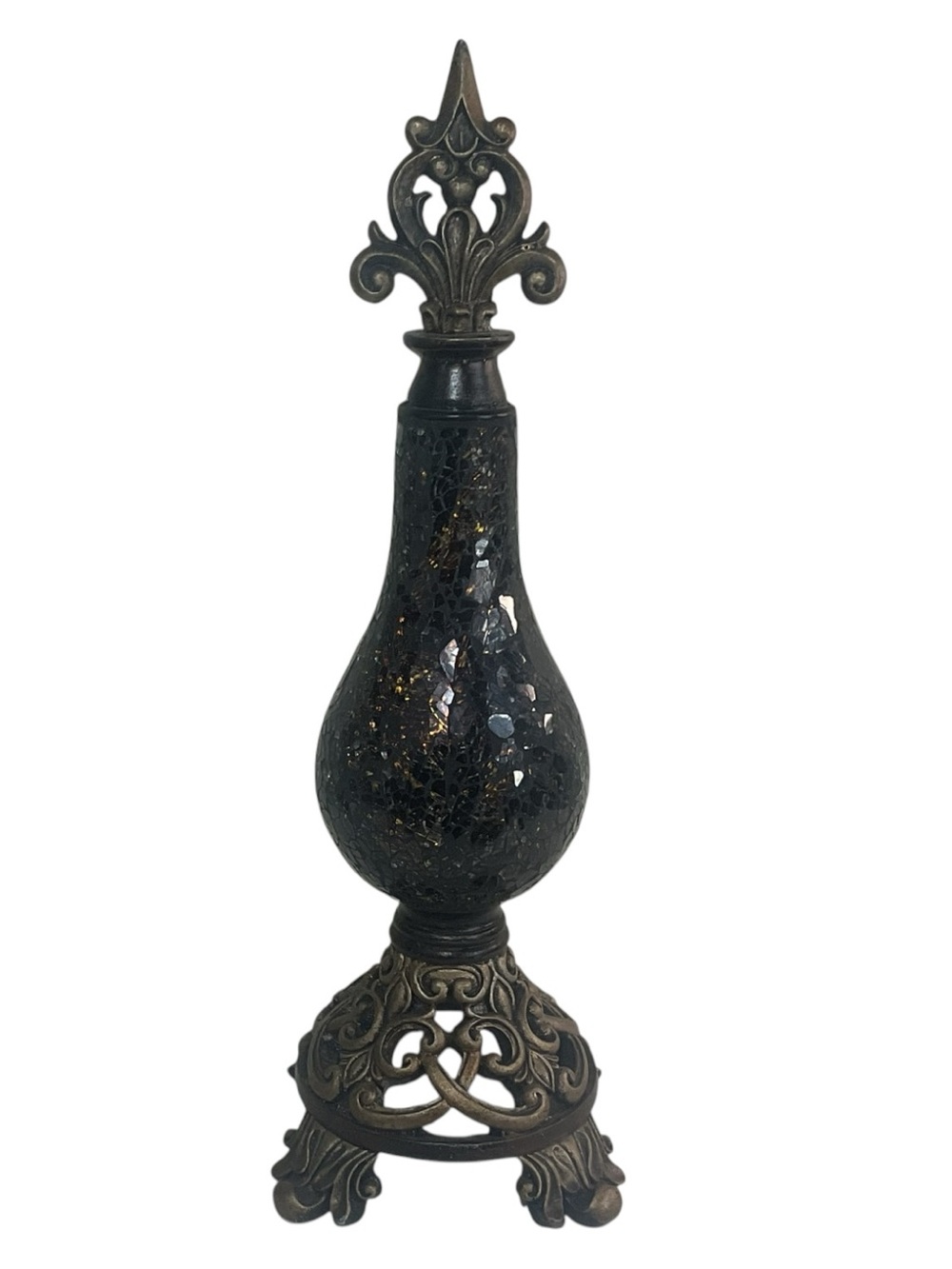 Vintage Black Crackle Mosaic Glass Decorative Finial Statue Gothic Fleur-de-Lis